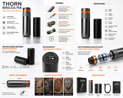 INKONE-THORN Short Wireless Tattoo Pen with 2 batteries