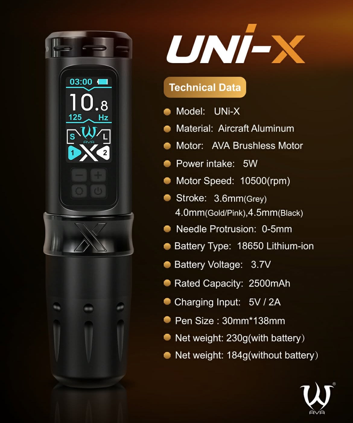 AVA ワイヤレスタトゥーマシン NEWEST AVA WIRELESS PEN ADJUSTABLE STROKE UNi-B GREY [UB001-3